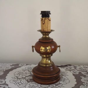 French Mid Century Round Turned Wood Lamp Base With Gold 1852 Tag & Handles - French Vintage Lighting. Wooden Lamp Base. Nautical Theme