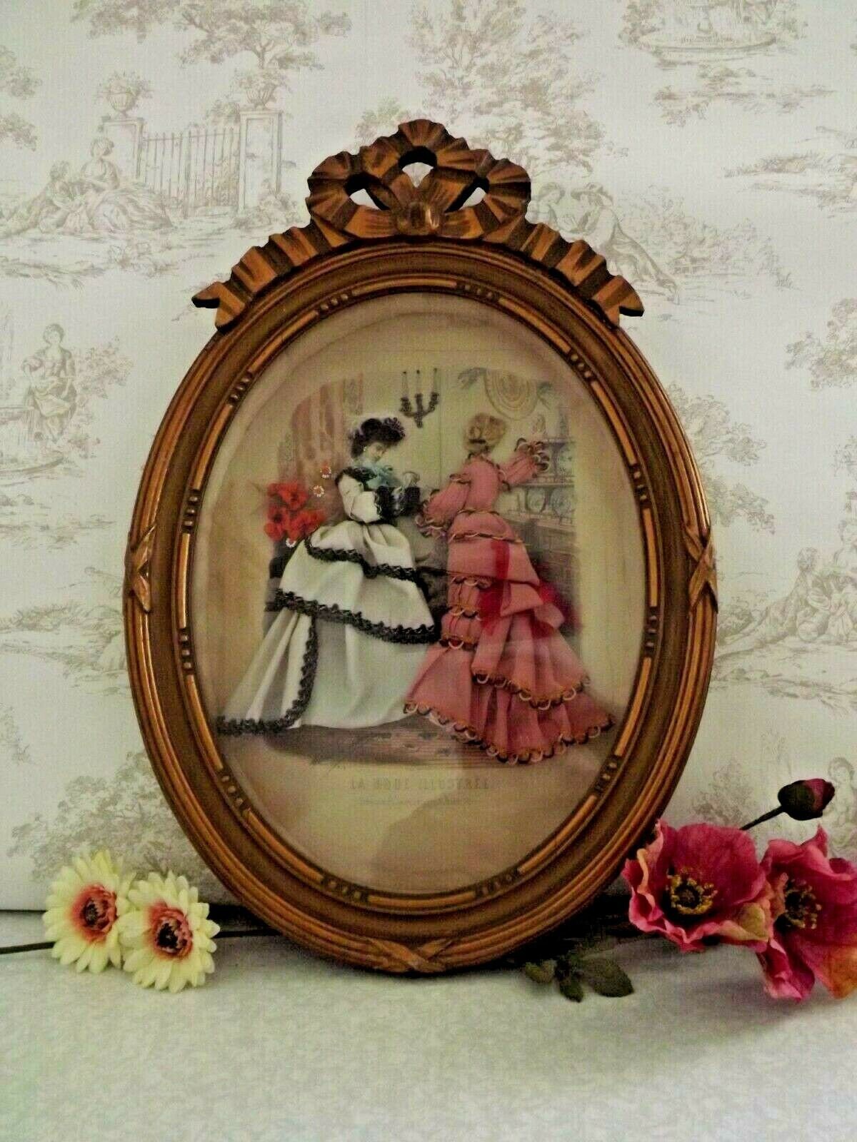 Antique Français Tissu Embelli 3D Shadow Box Ladies Print Oval Frame - Antique Ribbon Lady. Cadre en