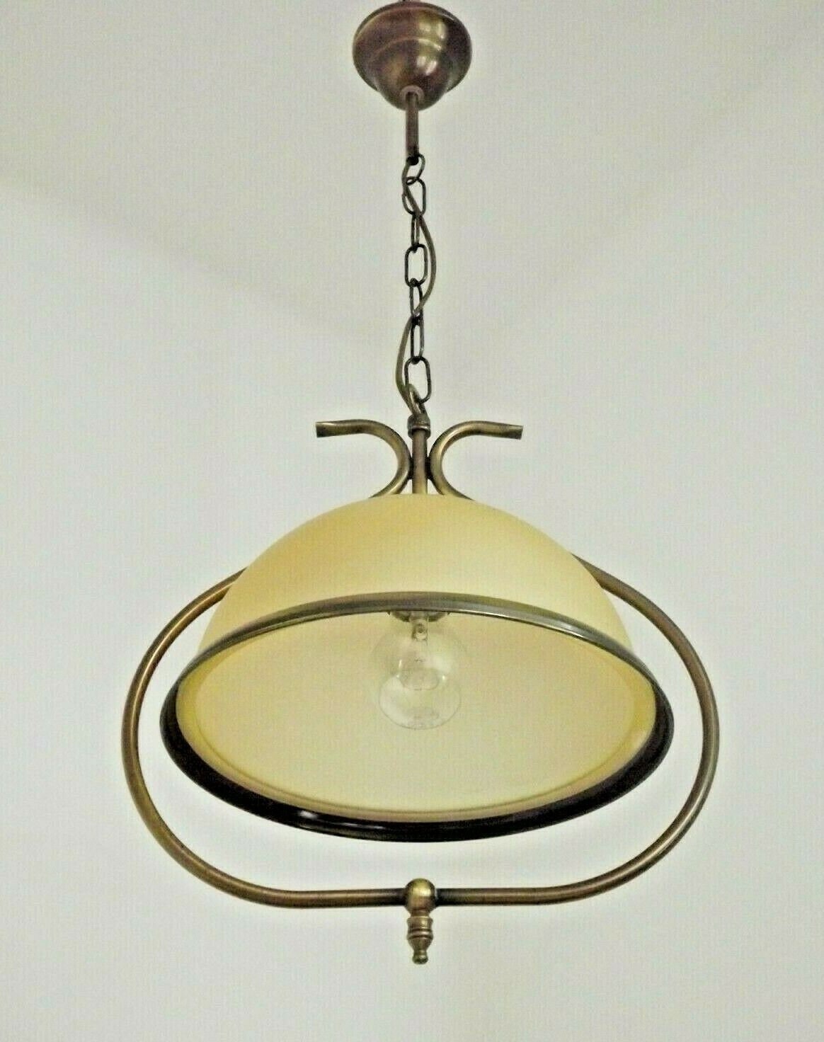 Français Mid Century Bronzed Effect Metal Ceiling Light Amber Glass Shade - Vintage Français Lightin