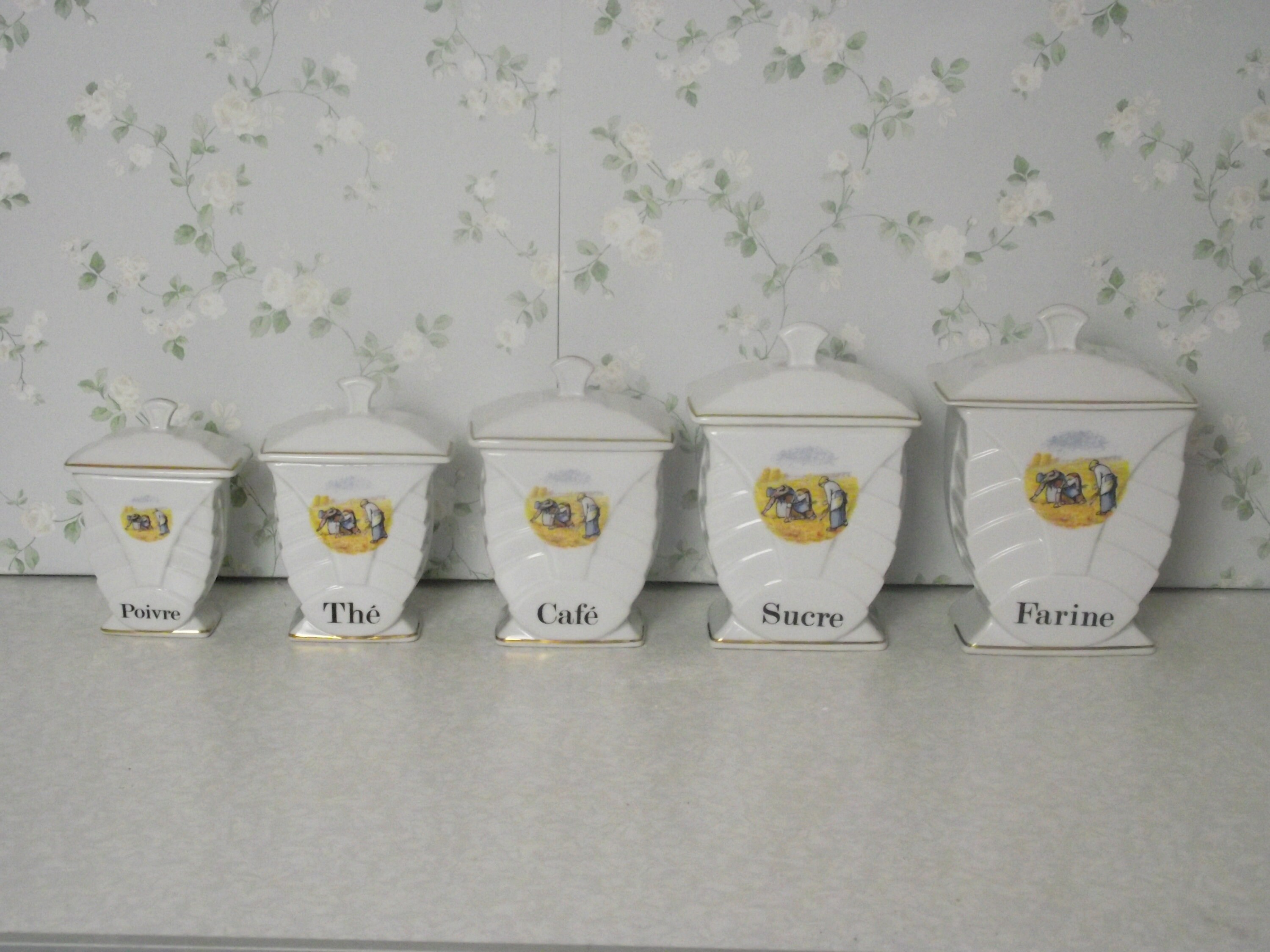 Ensemble de 5 Pots Condiment Gradués Français Porcelaine Blanche Vintage avec Couvercles - Vintage, 