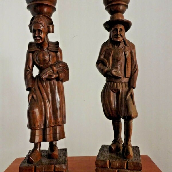 Paire de Figurines Anciennes en Bois Sculpté à la Main Français Breton Bretagne Dame & Homme - Figurines Anciennes Françaises Sculptées. Paire Figurines Bretonnes