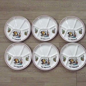 Set of 6 Vintage 1970s French Porcelain GIEN Hand Painted Fondue Plates. French Vintage Serving Plates. Gien Serving Plates.6 Compartments.
