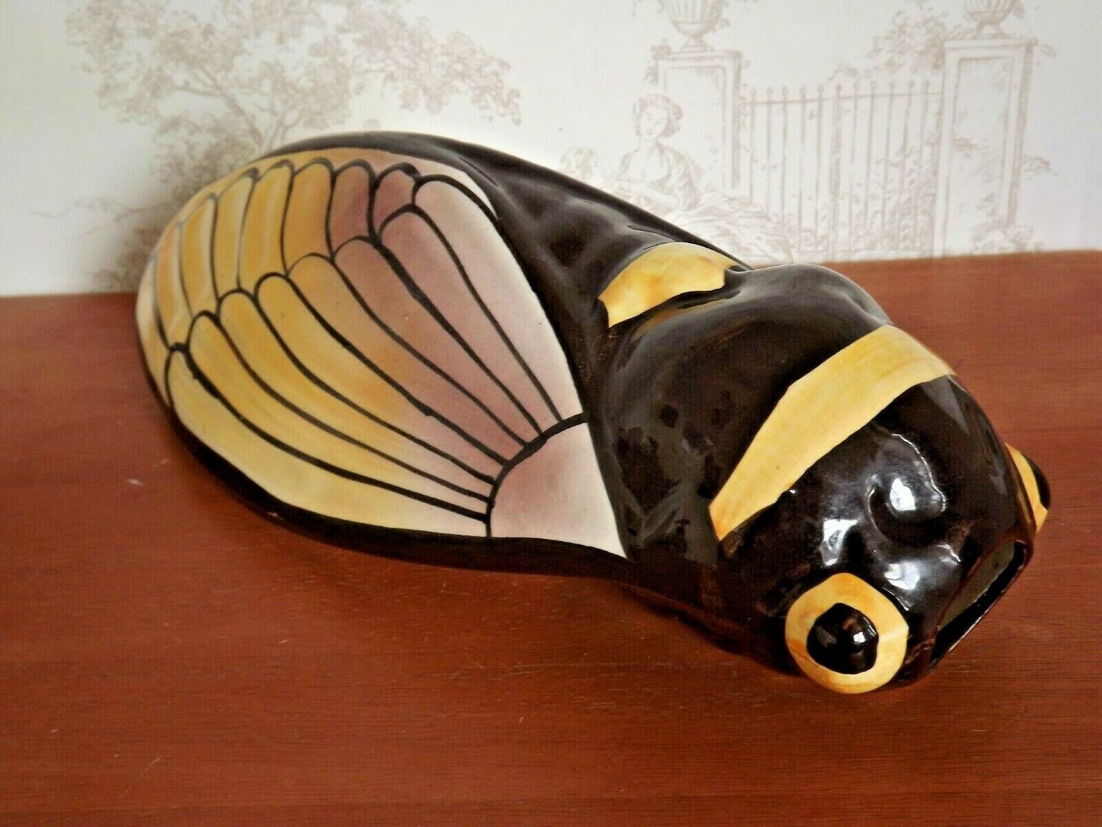 Très Grande Français Vintage Marron Orange Jaune & Rose Cicada Fly Wall Pocket _ Français. Poche Mur