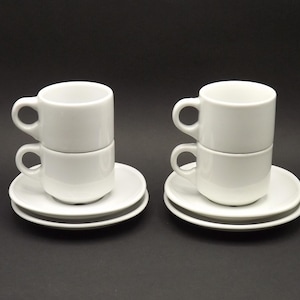 Set of 4 French Vintage White Porcelain Pillivuyt Espresso Cups and Saucers - French Tableware. Pillivuyt Cup and saucer. White Porcelain.