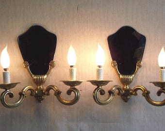 Pair of French Art Deco Brass Mirrored Wall Sconces – Antique Double Arm Lights - French Antique Lighting.Mirrored backplates