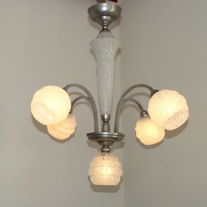 French Art Deco Silver Finish Brass 5 Light Chandelier White Clichy Glass -French Vintage Lighting. Art Deco Chandelier. Clichy Glass Shades