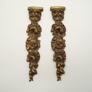 Pair of Antique French Bronze Furniture Embellishments – Floral & Leaf Furniture Appliqués – Ornate Vintage Décor Hardware. Curved Backs.