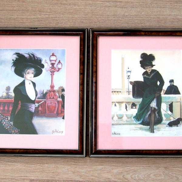 Ravissant lot de 2 gravures peltriaux vintage parisiennes signées dans un cadre en bois - vintage français. Estampes parisiennes Bernard Peltriaux.