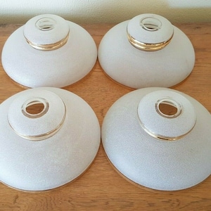 French Vintage Retro Set of  4 White Opaque Textured Glass Shades Gold Band - French Vintage Lighting. Vintage Retro Replacement Shades.