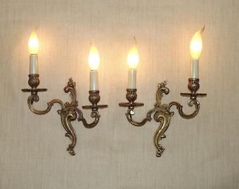 Elegant Vintage French Bronze Double Wall Sconces with Acanthus Leaf Detail - French Vintage Lighting. Bronze Double Acanthus Wall Lights.