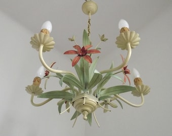Lampadario vintage italiano a 5 luci, modello Mathias Toleware a bouquet floreale.