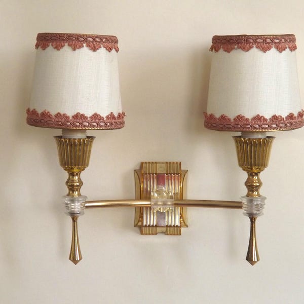 Pair French Vintage 1960s Retro Double Wall Lights Pink and Cream Shades - French Vintage Lighting. Pair Vintage Retro Wall Sconces.