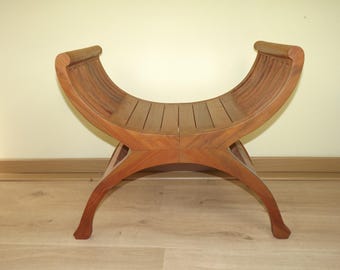 Solid Wood Curule Stool Vintage French Curved Slatted Seat Mid Century Piece.