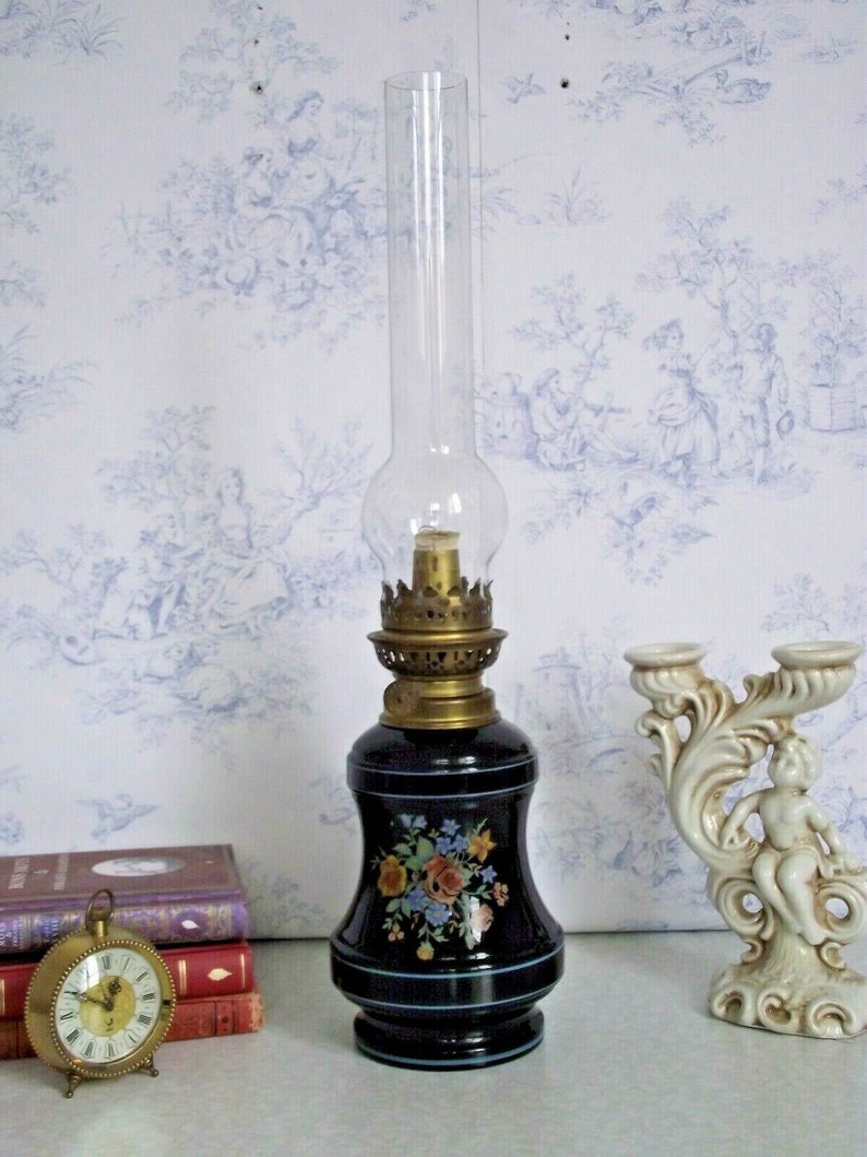 French Antique Ceramic Oil Lantern With Dark Blue Floral Base Etsy