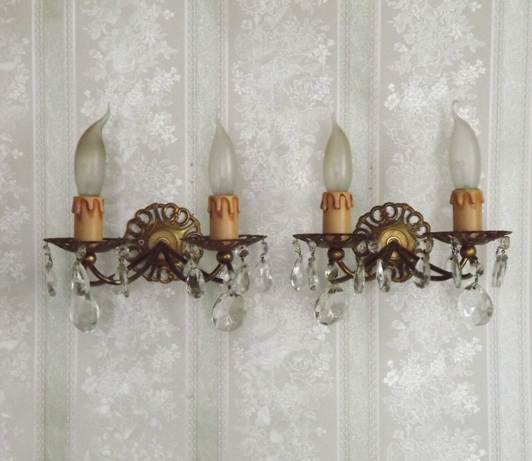 Pair French Vintage Brass Double Wall Lights With Assorted Crystal ...