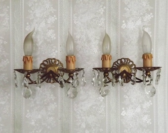 Pair French Vintage Brass Double Wall Lights With Assorted Crystal Drops - French Vintage Lighting. Double Light Crystal Wall Sconces.