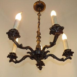 Timeless Elegance French Antique Bronze 5 Light Chandelier with Leaf Detail - French Antique Lighting. Bronze Chandelier. Circa Early 1900s.