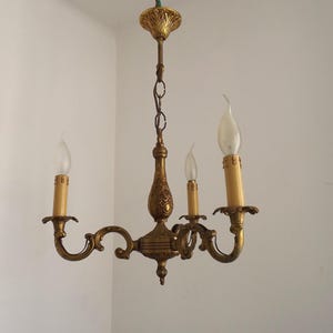 French Mid Century 3 Light Traditional Style Bronze Chandelier Leaf Detail - French Vintage Lighting. Bronze Chandelier. Leaf Detail.