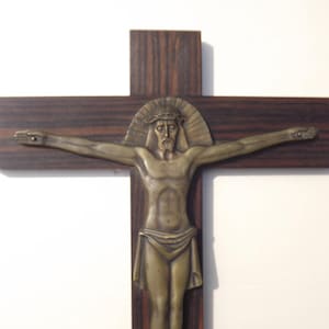 Vintage French Devotional Wooden Wall Cross Stamped Bronze Jesus Figure - French Vintage; Religious Wall Hanging.   Vintage Religious Decor.