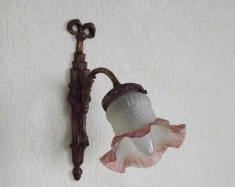 French Bronze Empire Style Ribbon & Bows Wall Light Frilled Glass Shade - French Antique Lighting. French Empire Wall Sconce. Frilled Shade