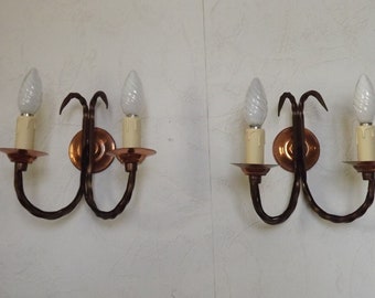 Pair Of French Vintage Hand Forged Iron And Copper Double Wall Lights - Vintage french Lighting. Hand Forged Sconces. Twisted Iron Sconces.