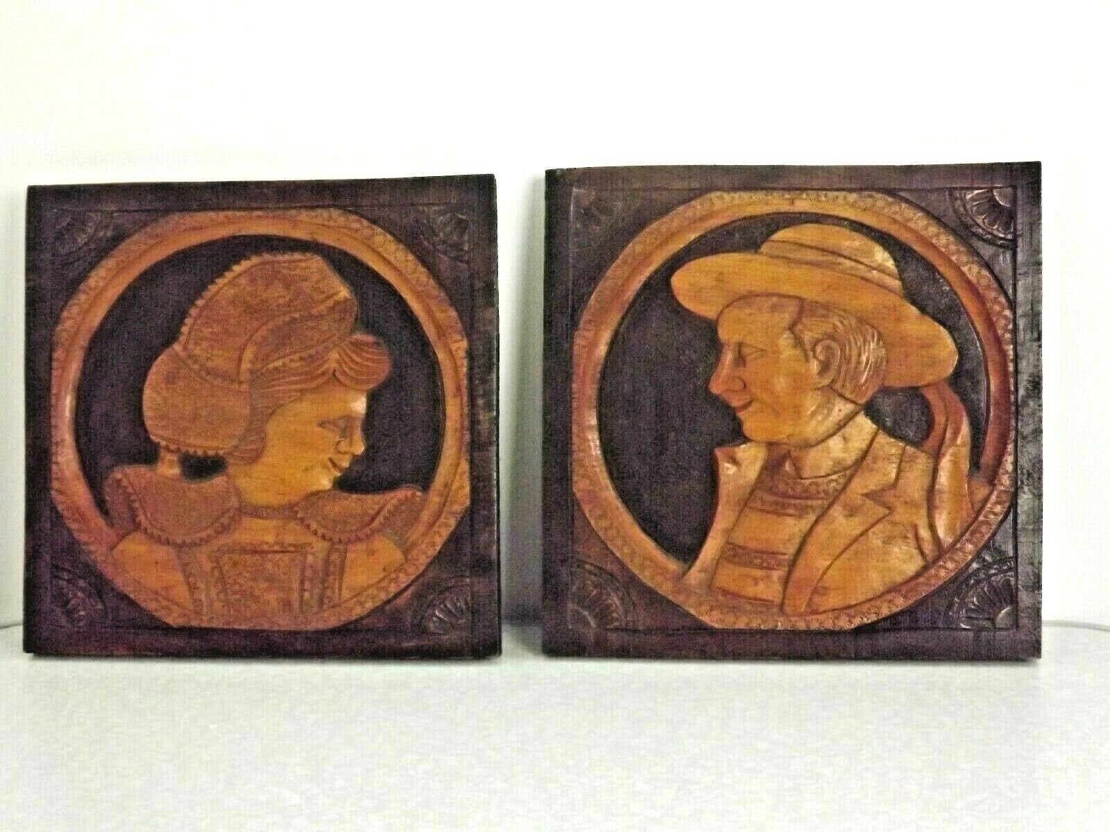 Paire Français Art Populaire Breton Plaques en Bois Homme & Femme Costume Traditionnel - Vintage. Sc