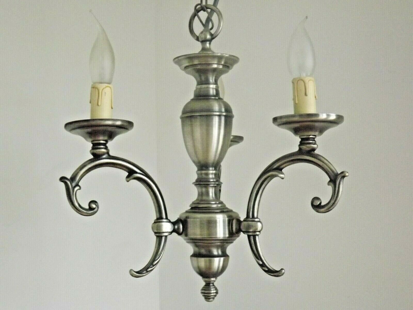 Français Vintage Brushed Silver Metal 3 Light Chandelier Scroll Leaf Detail - Français Lighting. Lus