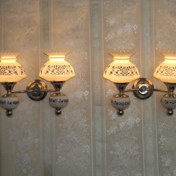 Pair French Vintage Silver Metal Wall Lights White & Blue Floral Design - French Vintage Lighting. Double Wall Lights. Opaline Floral Shades