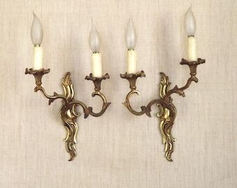 Elegant Vintage French Bronze Double Wall Sconces with Acanthus Leaf Detail - French Vintage Lighting. Bronze Double Wall Lights. Vintage.