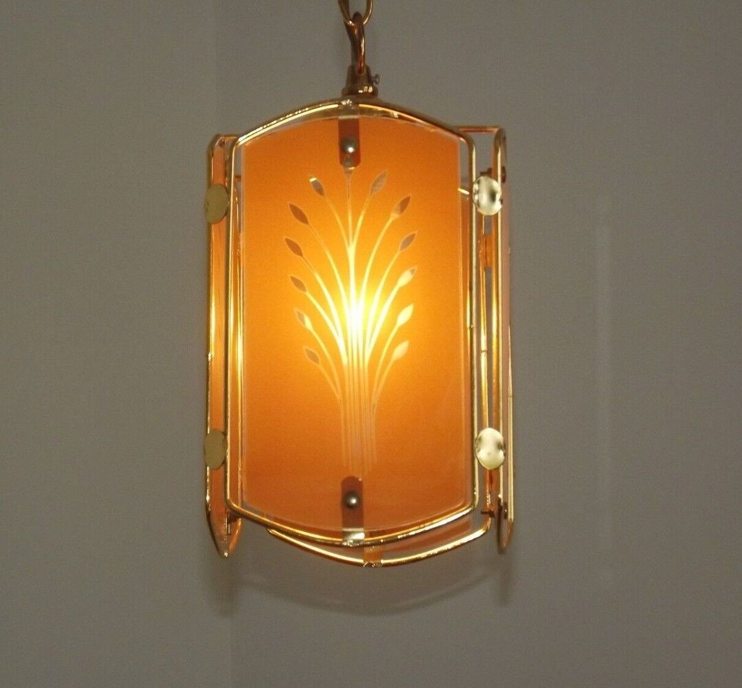 Vintage French Gold Metal Ceiling Light Wheat Sheaf Orange Glass Panels