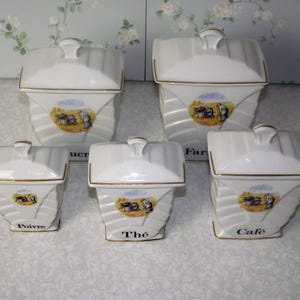 Set of 5 Vintage French White Porcelain Condiment Pots with Lids – Graduated French Country Kitchen Jars. White Porcelain Jars with Lids .