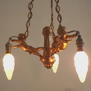French Vintage Cherub Chandelier – Antique Gold Spelter 3-Light Fixture. Putti Angel Lighting – French Rococo Style Chandelier. Cherub Light