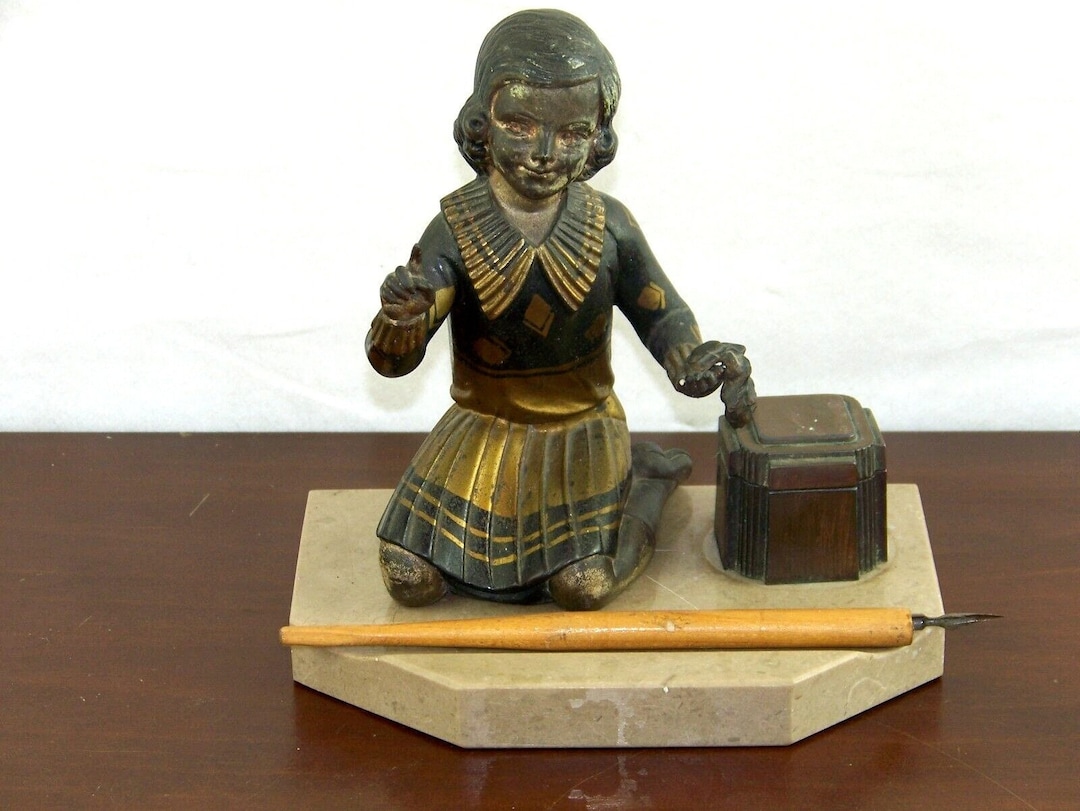 French Art Deco Ink Well With A Figure Young Girl Kneeling on Marble Base French Antique. Art