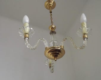 French Barley Twist Glass Arms and Gold Metal 3-Light Chandelier