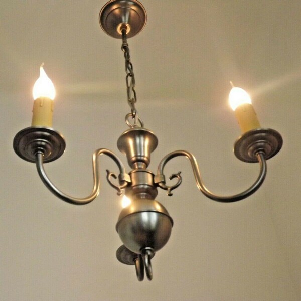Stylish Vintage French 3 Light Silver Brushed Satin Flemish Chandelier - Vintage French Lighting. Flemish Style Chandelier.