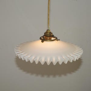 Vintage French Art Deco White Opaline Glass Pendant Light With Frilled Edge - French Vintage Lighting. Hanging Light. Frilled Glass Shade.