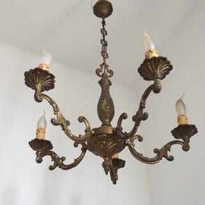 French Vintage Art Nouveau Quality Bronze 5 Light Traditional Style Chandelier - French Antique Lighting. Large 5 Arm Bronze Chandelier.