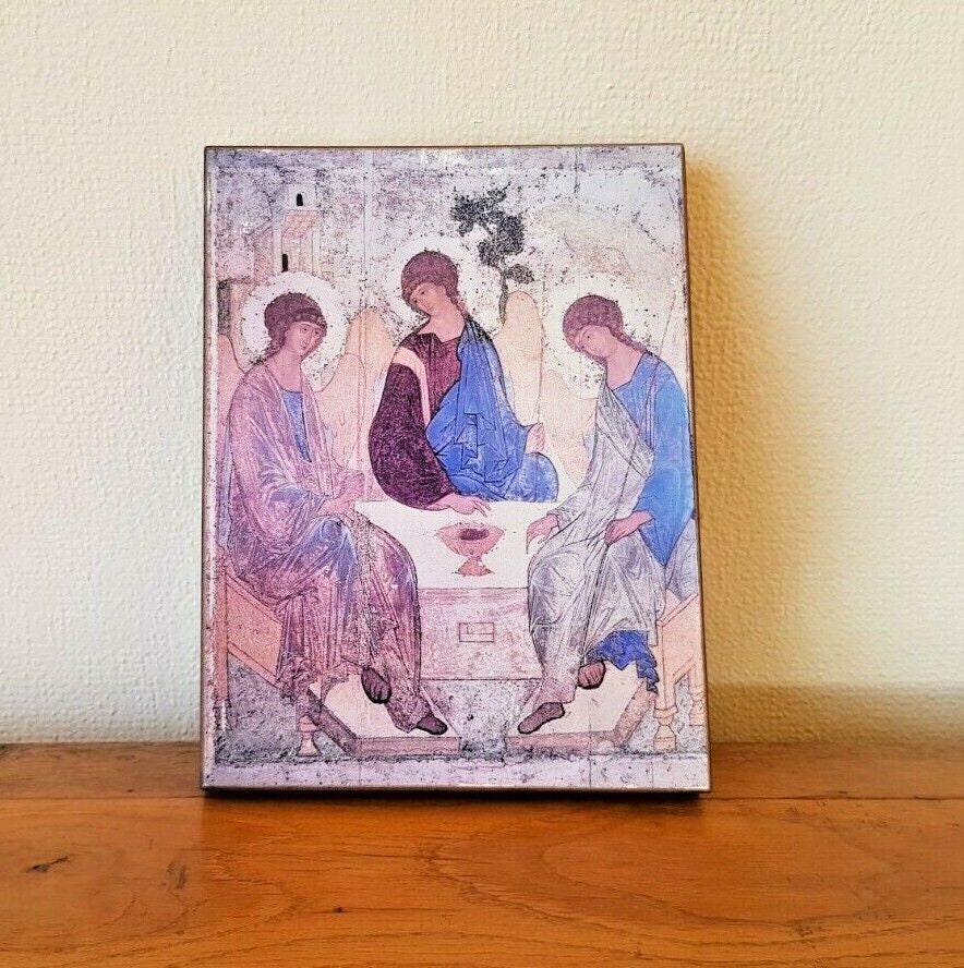 Français Plaque Religieuse en Bois Vintage Représentant L'icône de La Sainte Trinité - Français Vint