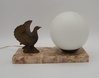 French Art Deco Table Lamp: Spelter Bird, Marble Base, Globe Shade