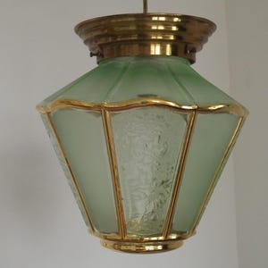 French Vintage Art Deco Glass Ceiling Light – Pale Green Frosted & Patterned Glass with Painted Gold Accents. French Vintage Lighting.