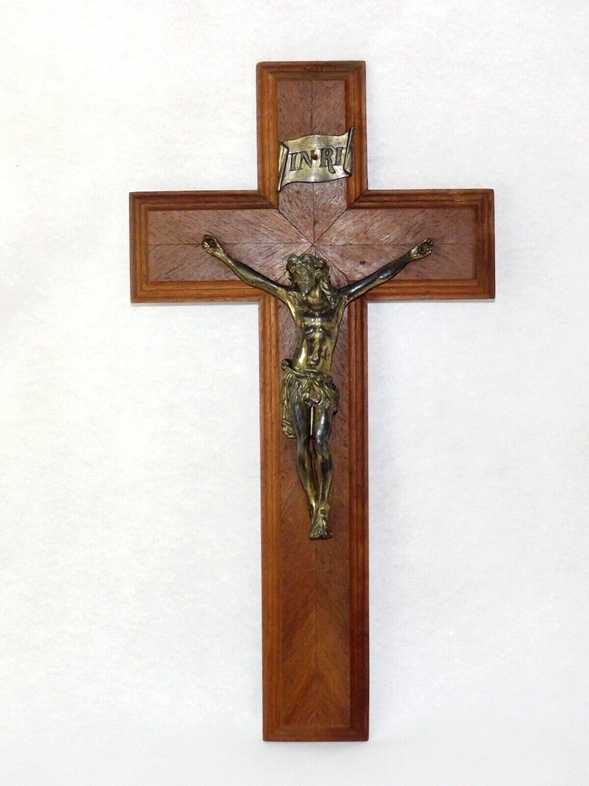 Vintage French Hanging Wood & Bronzed Metal Crucifix Tiered Edge - French Vintage. Wall Hanging Crucifix. Religious Wall Hanging.