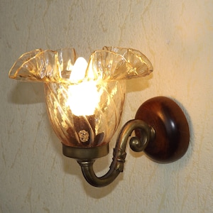 French Vintage Wood & Bronze Effect Metal Up Light Wall Light With Frilled Amber Glass Shade. French Vintage Lighting. Vintage Wall Scnce.
