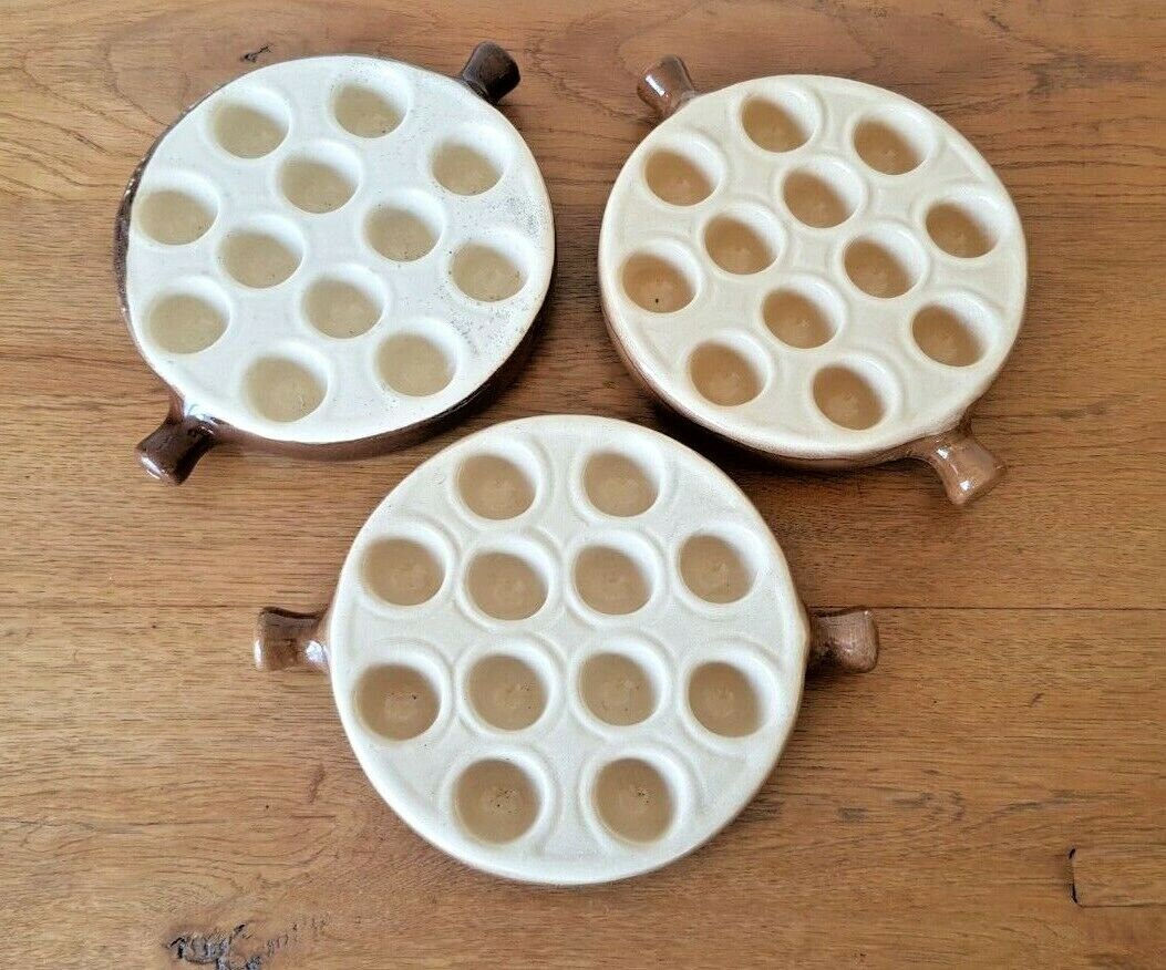 Ensemble de 3 Assiettes d'escargot Français Vintage avec 12 Puits et 2 Poignées Transport - Vintage.