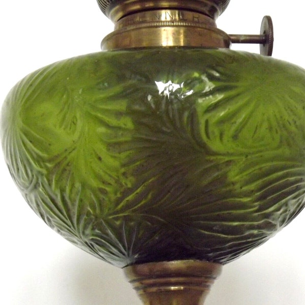 Antique Oil Lamp, German Matador Brenner Art Nouveau Oil Lamp - Antique Oil Lantern. Green Glass Oil Well. Vintage Home Decor. Period Light.