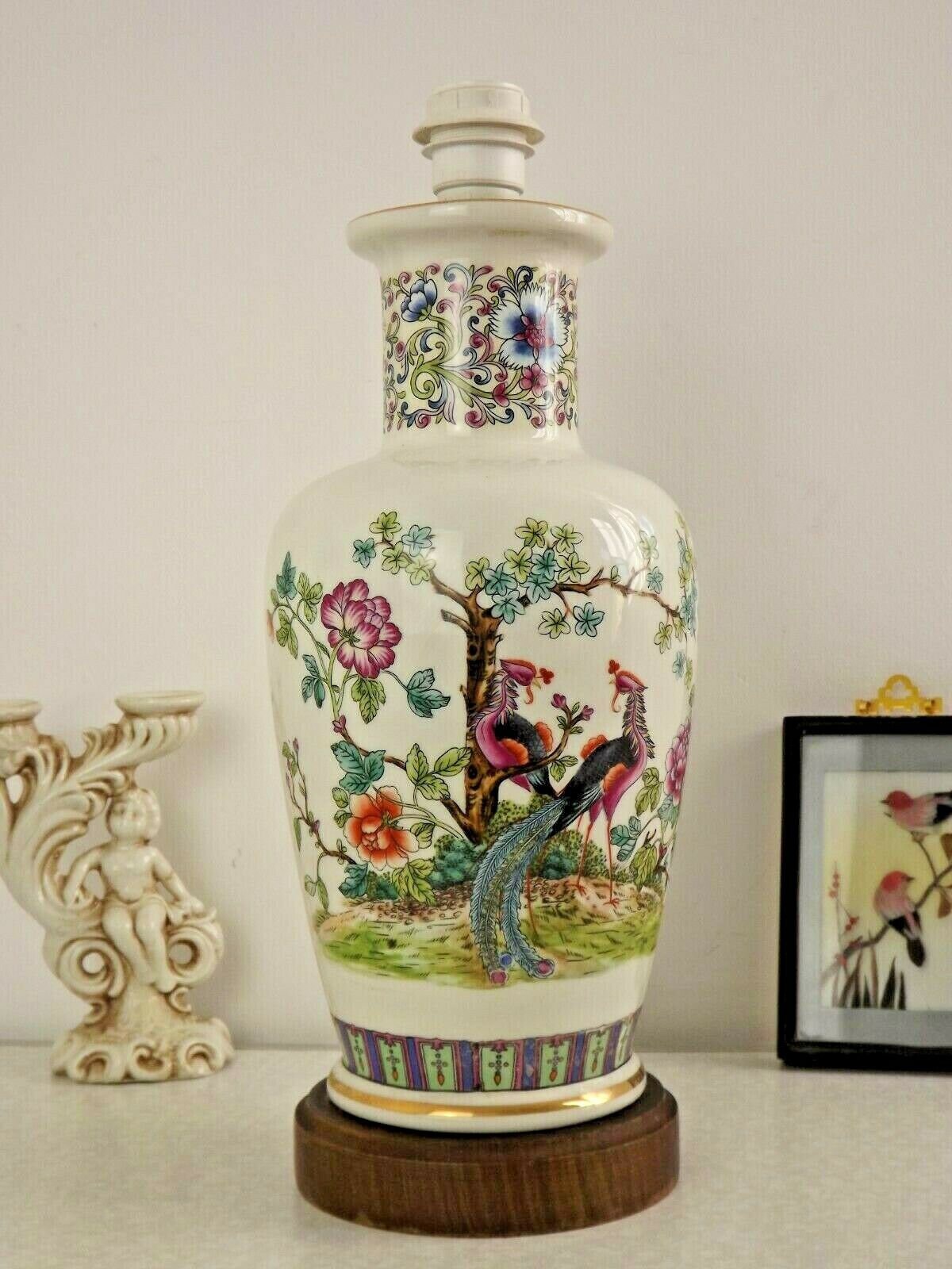 Vintage Italien V Carraresi Céramique Chinois Peacock Lamp Base Wood Plinth - Vintage Éclairage Ital