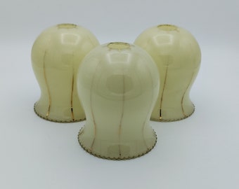 Set of 3 French Vintage Art Deco Chandelier Replacement Shades. Yellow Glass With Gold Highlights - French Vintage Lighting. Glass Shades.