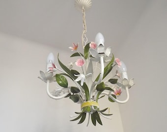 Lustre en faïence à 4 branches avec bouquet noué, milieu du siècle, fleurs roses