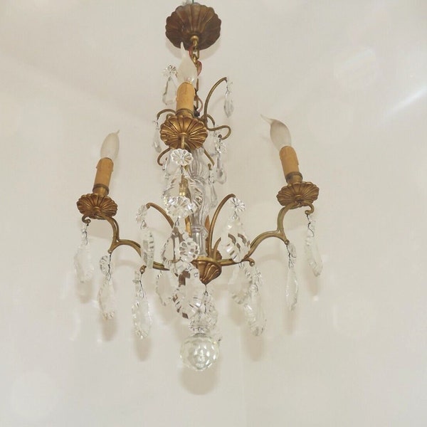 Exquisite 1940s French Vintage Bronze Glass And Crystal 4 Light Chandelier - French Vintage Lighting. Bronze Chandelier. Crystal Chandelier.