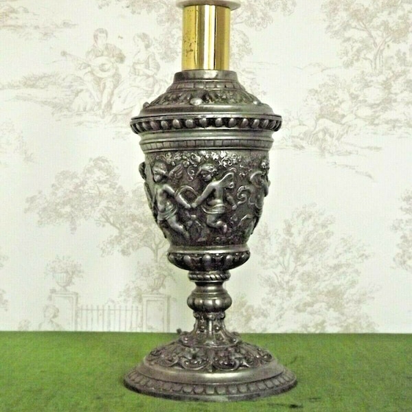 Antique French Pewter Lamp Base – Cherub Urn, Vintage Lighting