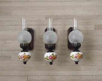 French Country Wall Lantern Sconce Set: Rustic Wood, Metal & Floral Ceramic